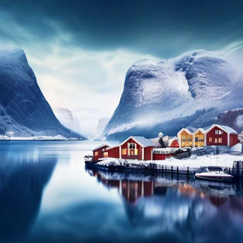 Um casal desfrutando da beleza épica dos fiordes noruegueses, cobertos de neve e gelo, durante uma viagem de luxo de uma semana para a Noruega.
