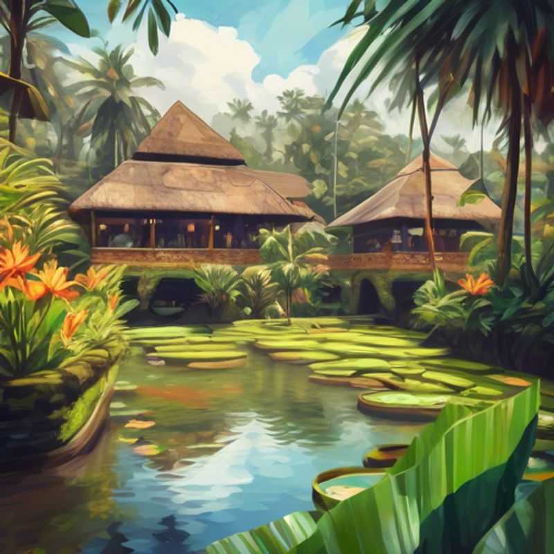 Un viajero solitario disfrutando de un retiro de bienestar de lujo en Ubud, Indonesia, rodeado de exuberantes arrozales y un ambiente sereno durante su escapada de 5 días en verano.