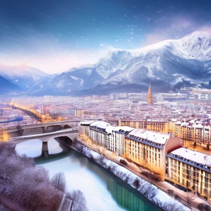 Un viajero solitario disfrutando de la impresionante vista de Grenoble, Francia, con las montañas nevadas de fondo, durante su escapada de 4 días en invierno como el Viajero de Lujo de Último Minuto.