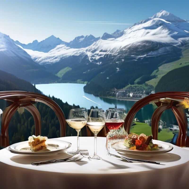 A couple indulging in a gourmet dining experience with breathtaking views of the Swiss Alps in St. Moritz, Switzerland, during their 24-hour spring getaway.