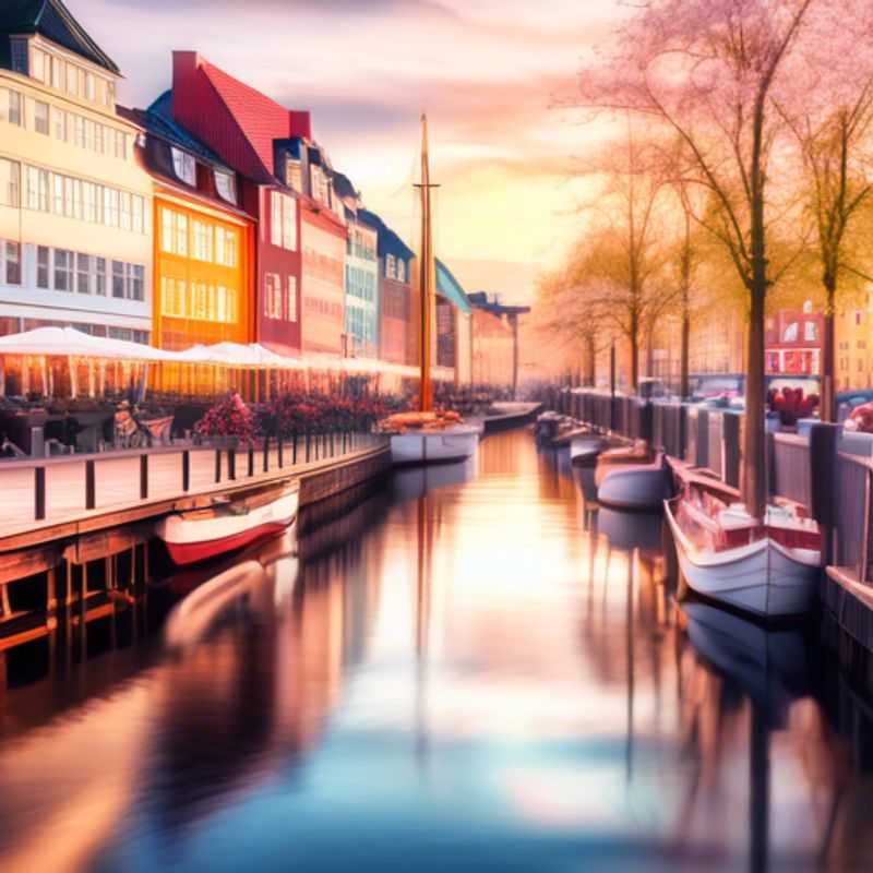 Trois couples de voyageurs d'affaires de luxe explorant les charmantes rues de Copenhague, au Danemark, au printemps, entourés de fleurs en pleine floraison et de l'architecture colorée de Nyhavn.