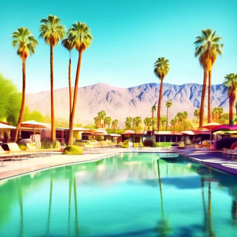 Three couples basking in the vibrant spring sunshine by the stunning poolside of a luxurious Palm Springs resort, surrounded by lush palm trees and picturesque desert landscapes during their week-long cultural exploration.