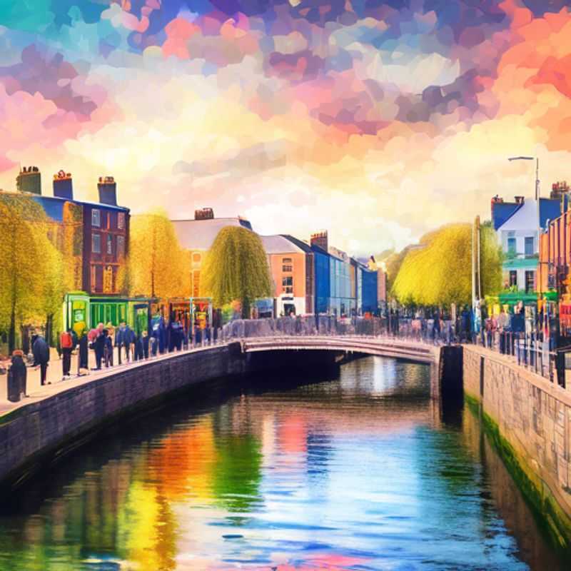 Dos parejas disfrutando de la vibrante atmósfera de Dublín, Irlanda, durante su escapada de lujo de 3 días en primavera, con paisajes verdes y arquitectura histórica de fondo.