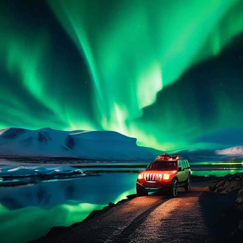 A luxury eco-tourist marveling at the stunning winter landscapes of Reykjavik, Iceland, surrounded by snow-covered mountains and the enchanting glow of the Northern Lights during a 5-day solo adventure.