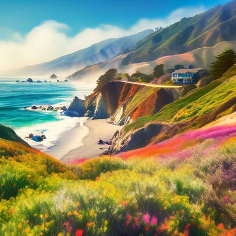 Two couples, The Luxury Social Media Travelers, basking in the breathtaking coastal views of Big Sur, USA, during their vibrant 24-hour spring getaway, surrounded by lush greenery and stunning ocean cliffs.