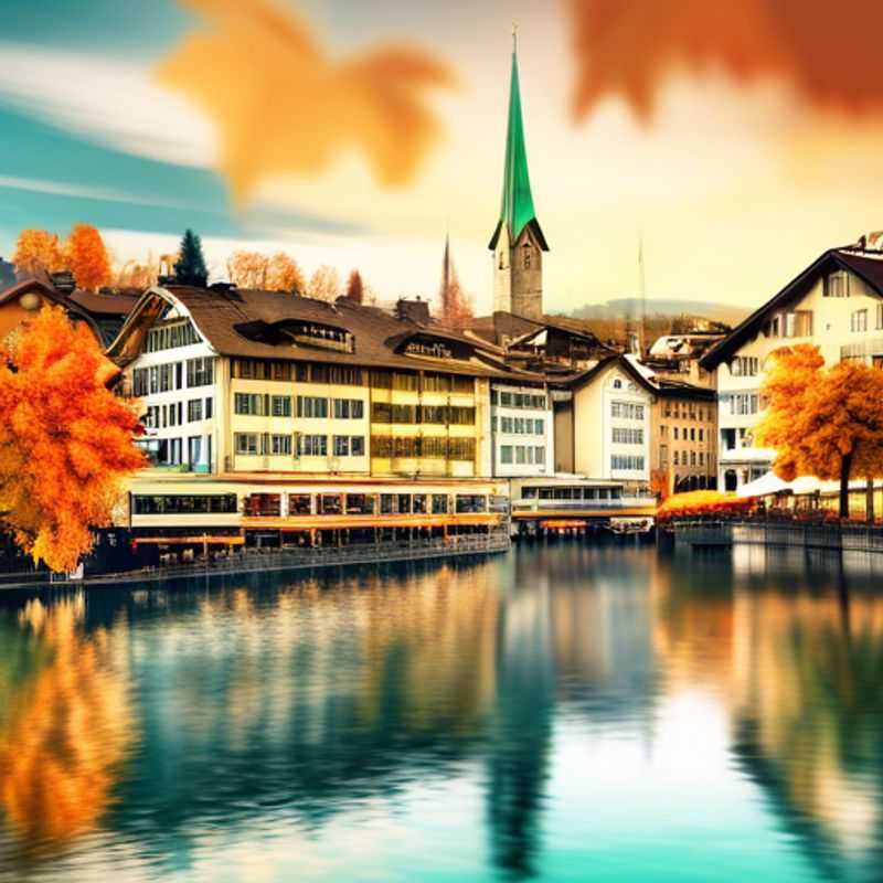 Deux couples, les voyageurs de luxe à long terme, profitant d'une promenade automnale dans les rues pavées de Zurich, la beauté des feuilles d'automne se reflétant dans le lac scintillant.