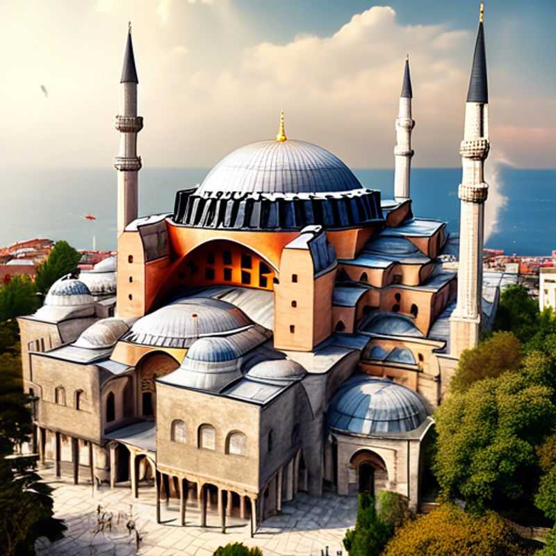 A couple from The Luxury Group Traveler savoring the vibrant summer atmosphere of Istanbul, Turkey, as they explore the stunning architecture of the Hagia Sophia, surrounded by the city's rich history and culture during their two-week adventure.