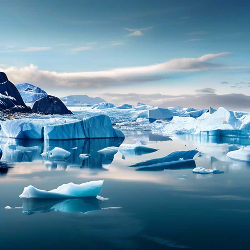 A lone traveler, clad in warm gear, gazes out at the breathtaking icy landscape of Greenland, where rugged mountains meet the vast expanse of the frozen sea. The perfect backdrop for a luxury festivalgoer seeking a coolcation in this pristine Arctic paradise.