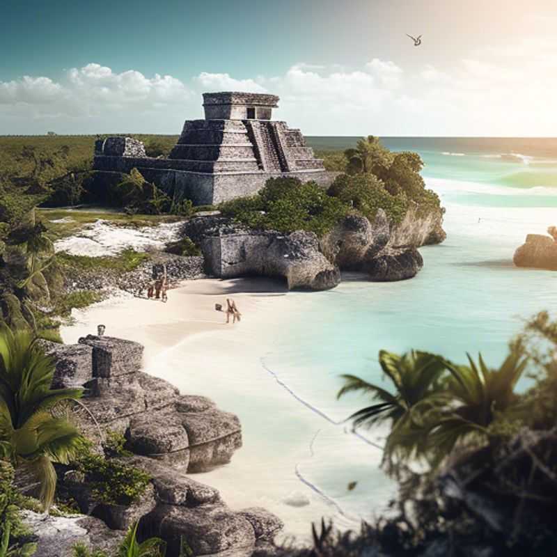 Two couples basking in the sun on the pristine beaches of Tulum, Mexico, surrounded by crystal-clear waters and ancient ruins, during their luxurious 4-day winter getaway.