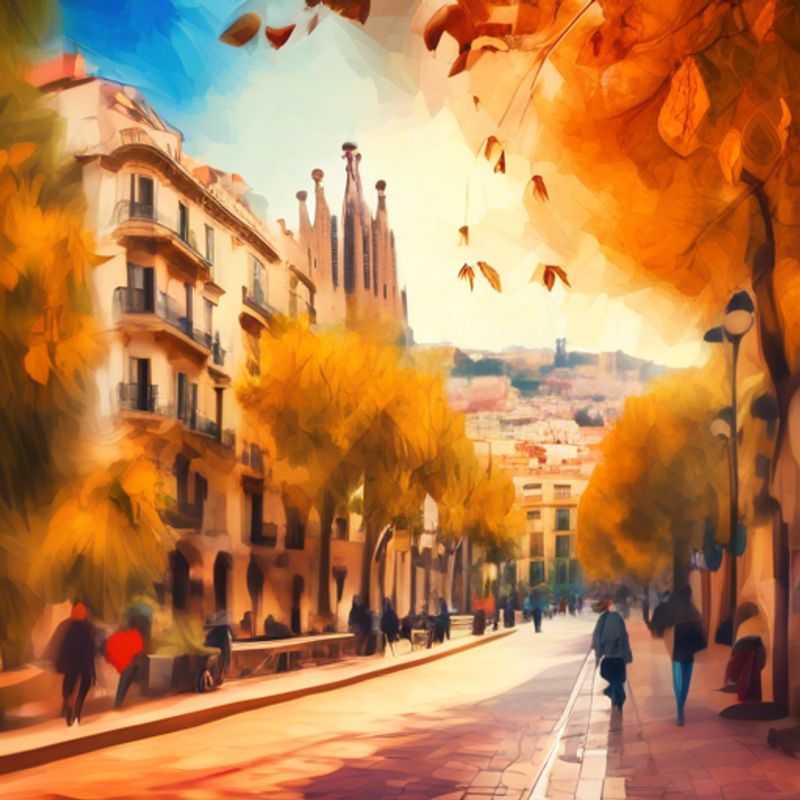 Tres parejas explorando la vibrante cultura de Barcelona, España, rodeadas de hojas doradas en otoño, mientras disfrutan de su aventura de tres semanas como Los Exploradores Culturales de Lujo.