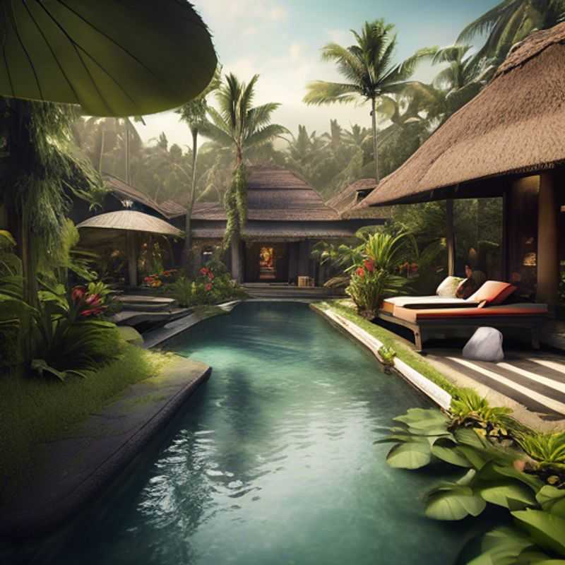 Un viajero solitario disfrutando de un retiro de bienestar de lujo en Ubud, Indonesia, rodeado de exuberantes arrozales y un ambiente sereno durante su escapada de 5 días en verano.