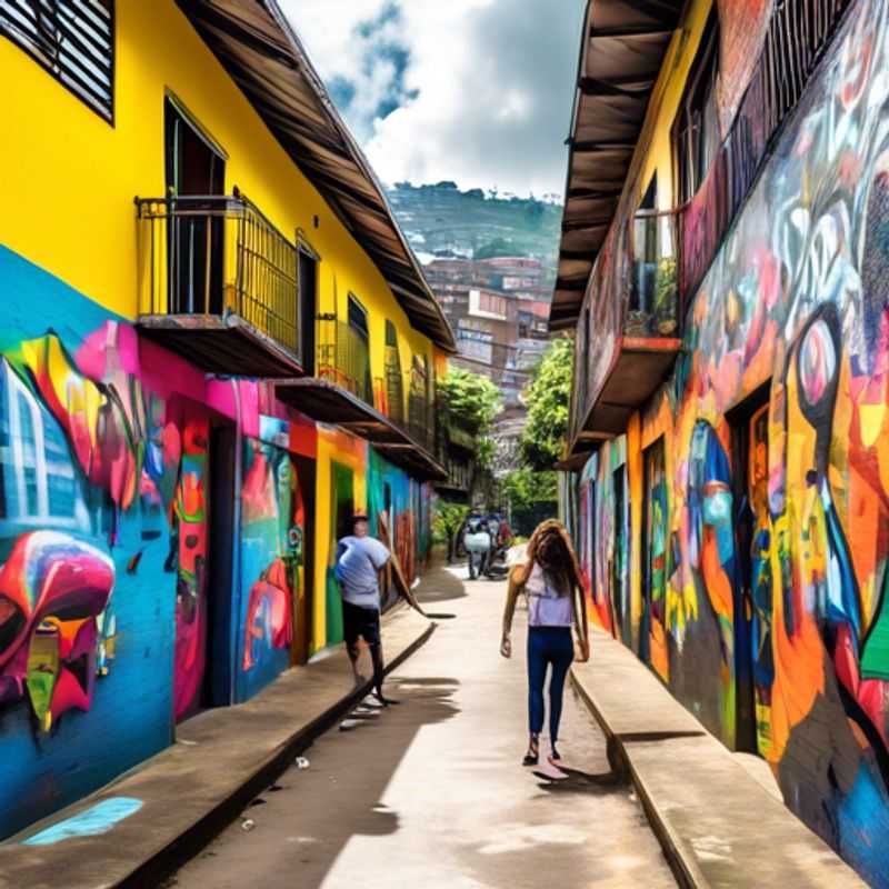 A solo traveler exploring the vibrant streets of Medellin, Colombia, surrounded by blooming flowers and colorful murals, capturing the essence of spring during a week-long luxury adventure.