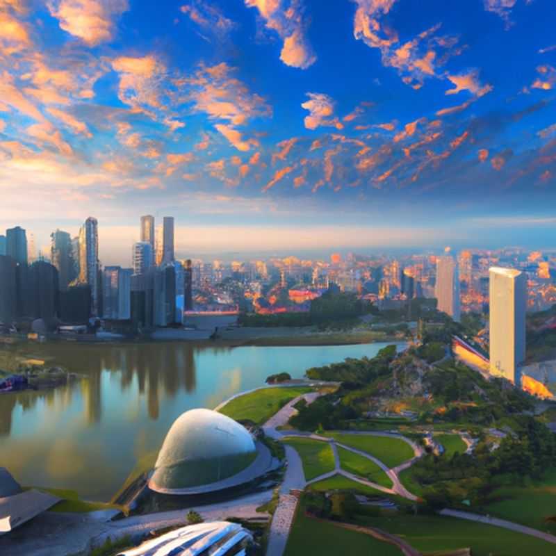 Três casais aproveitando o horizonte deslumbrante de Singapura, com seus arranha-céus imponentes e a icônica Marina Bay Sands, durante sua viagem de 2 semanas no verão.