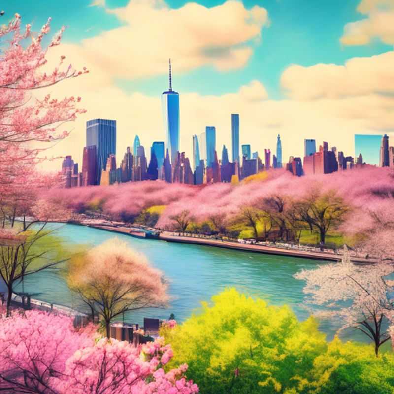 Three couples basking in the vibrant spring atmosphere of New York City, USA, with blooming cherry blossoms and iconic skyline as the backdrop during their luxurious two-week staycation.