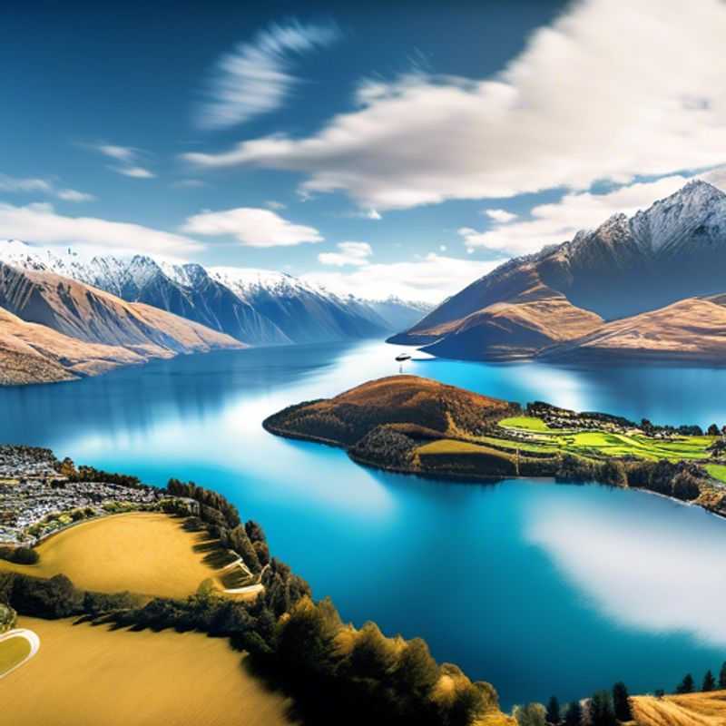 A solo traveler embracing the breathtaking landscapes of Queenstown, New Zealand, during a vibrant summer, surrounded by stunning mountains and shimmering lakes on a luxurious 5-day adventure.