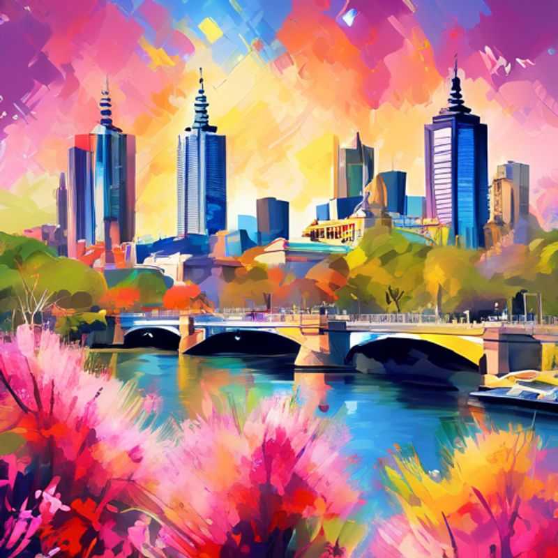 A family with children exploring the vibrant laneways of Melbourne, Australia, surrounded by lush spring blooms and eco-friendly attractions, during their week-long luxury eco-tourism adventure.