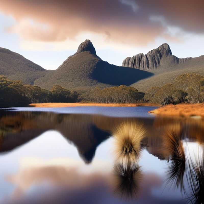A lone traveler, embracing the rugged beauty of Tasmania's wild coastline, bathed in the cool hues of a winter sunset, on a 3-week luxury staycation adventure.