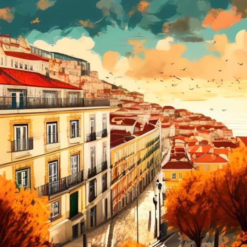 Tres parejas disfrutando de la encantadora vista de Lisboa, Portugal, durante su semana de viaje en otoño, rodeados de colores cálidos y la magia romántica de la ciudad.