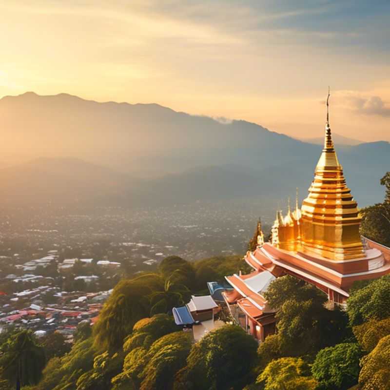 Un couple de voyageurs d'affaires de luxe explorant le charme de Chiang Mai, Thaïlande, pendant leur séjour de deux semaines en hiver, avec des temples anciens en toile de fond.
