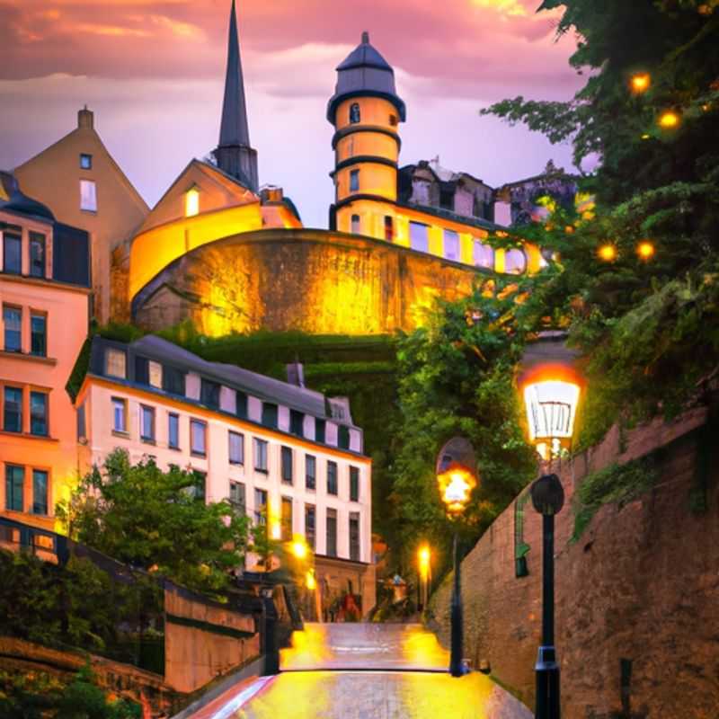 Um viajante solitário admirando a beleza arquitetônica da Place Guillaume II, cercada por edifícios históricos e iluminada pelo brilho das luzes de inverno na cidade de Luxemburgo, Luxemburgo, durante sua viagem de duas semanas de exploração.