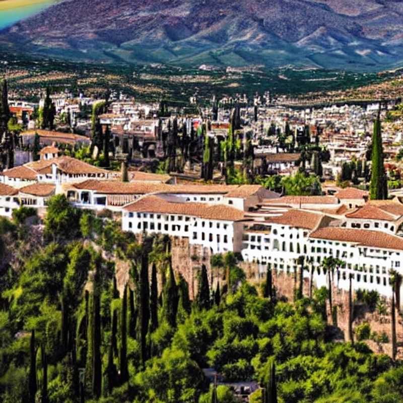 Quatre amis profitant du soleil éclatant et de la vue imprenable sur l'Alhambra, l'icône emblématique de Granada, Espagne, lors de leurs vacances estivales luxueuses.