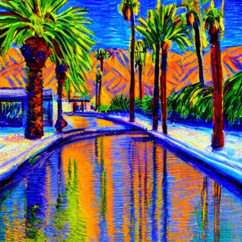 Palmiers ondulant sous le soleil d'été de Palm Springs, un aperçu du luxe et de la détente qui vous attendent lors de vos vacances estivales.