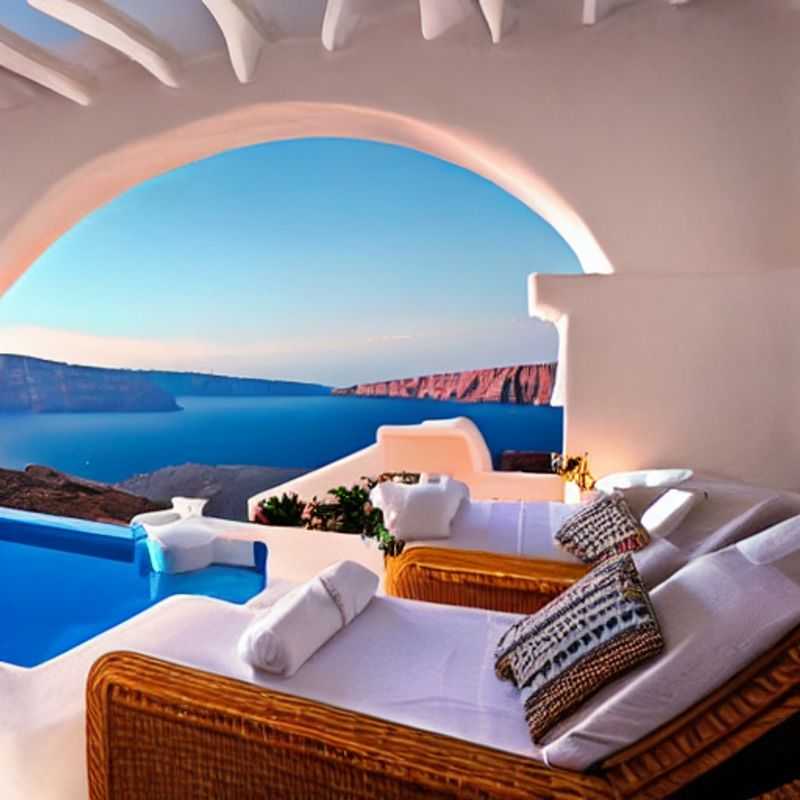 Vue imprenable sur la caldeira de Santorin, baignée par le soleil d'été, un aperçu du luxe et de la beauté qui vous attendent lors de vos vacances de rêve en Grèce. (Stunning view of the Santorini caldera bathed in summer sunshine, a glimpse of the luxury and beauty that awaits you on your dream vacation in Greece.)