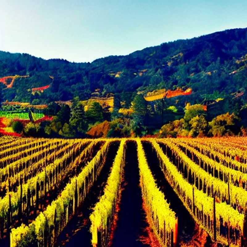 Deux verres de vin rouge se reflétant dans le paysage verdoyant et luxuriant de la Napa Valley, l'incarnation du luxe et de la détente pour des vacances d'été inoubliables aux États-Unis.