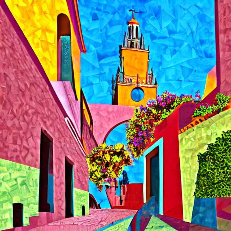 Sun-drenched facade of San Miguel de Allende's iconic Parroquia de San Miguel Arcángel, bathed in the golden light of a perfect summer day, hinting at the luxury and vibrant experiences that await.
