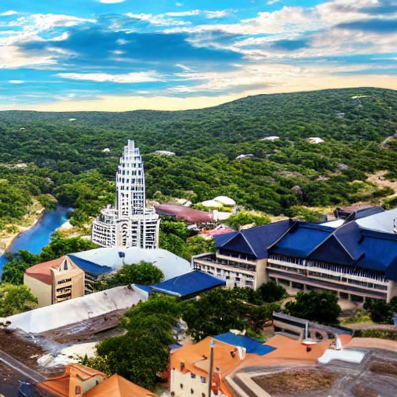 Une piscine étincelante sur un toit-terrasse d'Austin, Texas, reflétant le ciel d'été, une promesse de luxe et de détente pour des vacances inoubliables. (A sparkling rooftop pool in Austin, Texas, reflecting the summer sky, a promise of luxury and relaxation for an unforgettable vacation.)