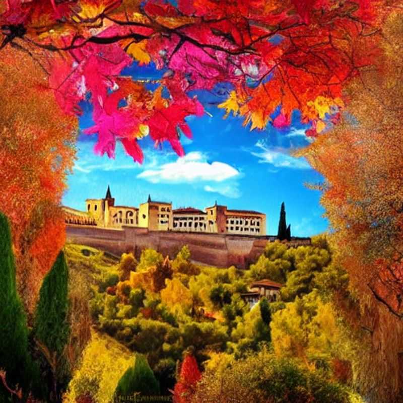 Quatre amis profitant du soleil éclatant et de la vue imprenable sur l'Alhambra, l'icône emblématique de Granada, Espagne, lors de leurs vacances estivales luxueuses.
