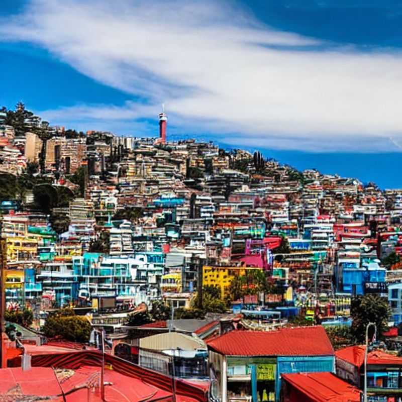 Un couple élégant savoure la vue spectaculaire du port pittoresque de Valparaiso, au Chili, lors de leurs vacances d'été de luxe.