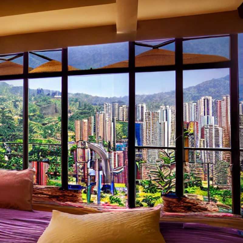 Panoramic view of vibrant Medellin, Colombia nestled amongst the lush green mountains; a luxurious summer escape promising culture, comfort, and captivating experiences.
