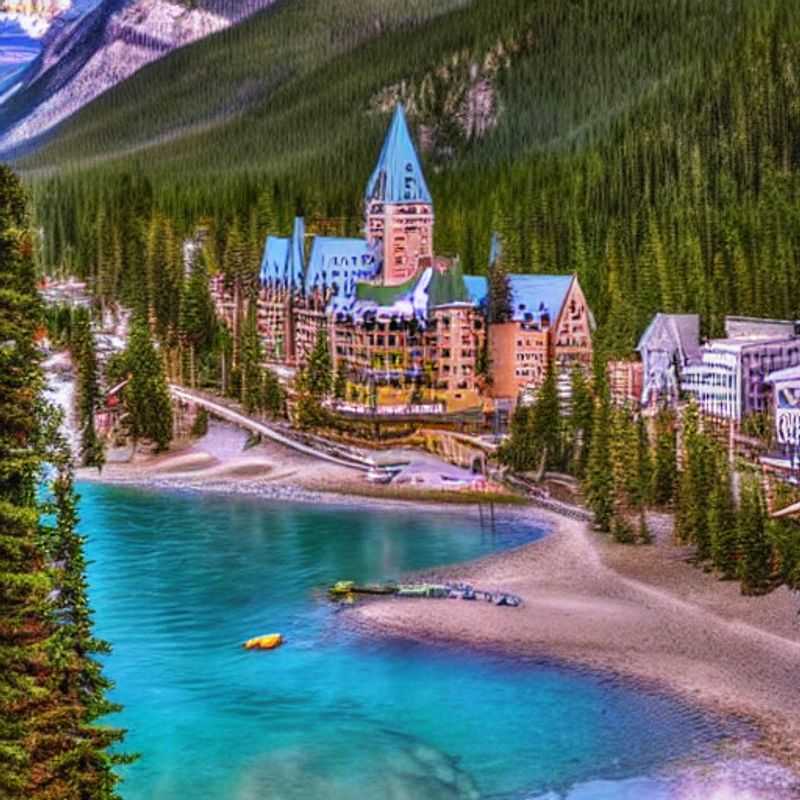 Turquoise waters of Lake Louise shimmer beneath the summer sun, framed by the majestic Canadian Rockies. A scene epitomizing luxury and natural beauty in Banff National Park, ideal for a high-end summer getaway.