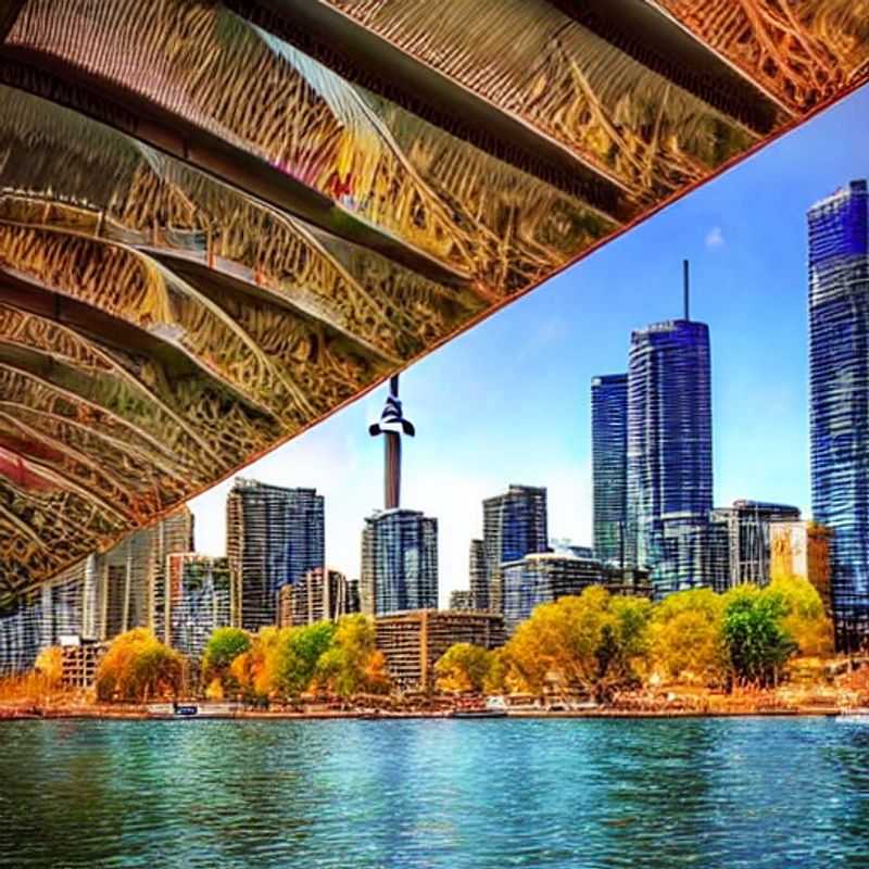 Toronto scintille sous le soleil d'été : un panorama luxueux de gratte-ciels modernes et de rives chatoyantes, promesse d'un séjour estival canadien inoubliable. (Toronto sparkles under the summer sun: a luxurious panorama of modern skyscrapers and shimmering shores, promising an unforgettable Canadian summer stay.)