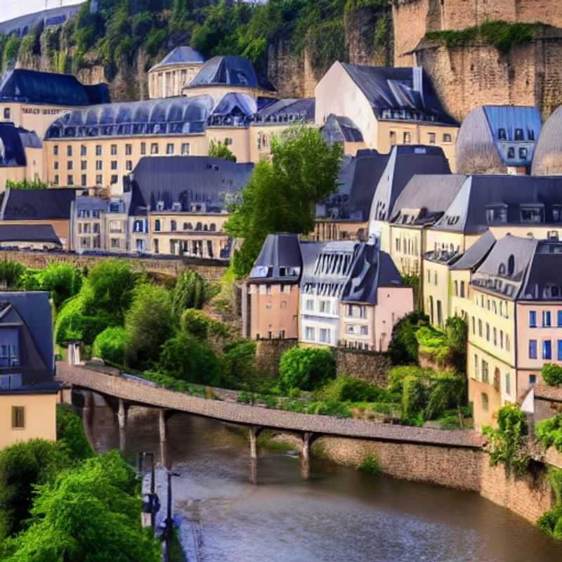 French: Vue panoramique de la ville de Luxembourg baignée de soleil estival, un joyau luxueux à découvrir pour vos vacances d'été.