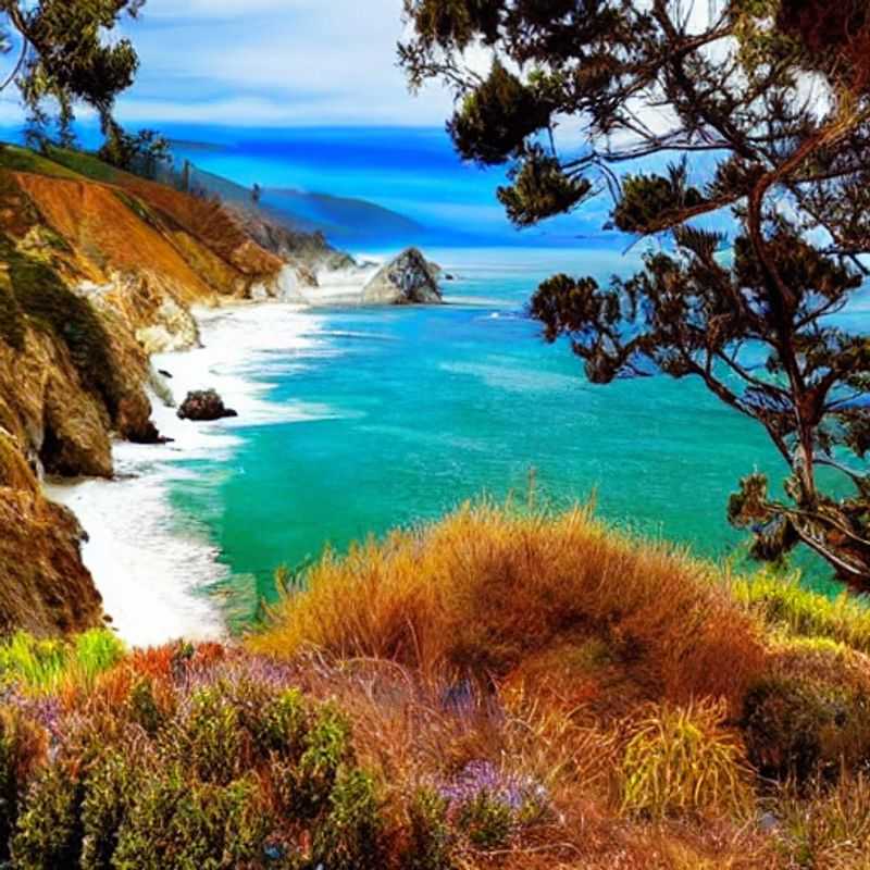 Falaises spectaculaires de Big Sur baignées par le soleil californien, un écrin sauvage idéal pour une escapade estivale luxueuse.