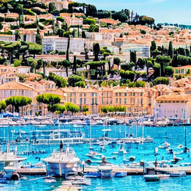 Quatre chaises longues vides sur une plage dorée avec la mer scintillante en arrière-plan à Cannes, France, un lieu idéal pour des vacances d'été luxueuses.