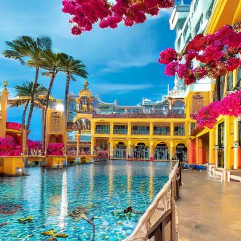 Deux femmes profitant du luxe et de l'effervescence estivale de Macao, avec ses lumières scintillantes et son architecture opulente en toile de fond. (Two women enjoying the luxury and summer vibrancy of Macao, with its shimmering lights and opulent architecture as a backdrop.)
