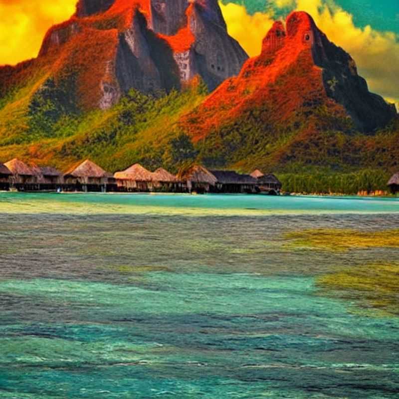 French: Turquoise lagons et bungalows sur pilotis à Bora Bora, le summum du luxe pour des vacances d'été inoubliables en Polynésie française.