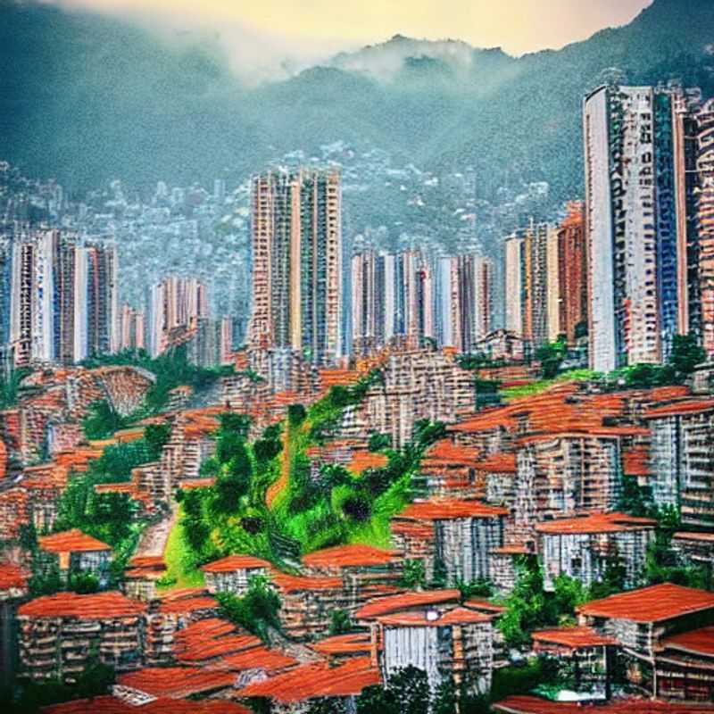 Panoramic view of vibrant Medellin, Colombia nestled amongst the lush green mountains; a luxurious summer escape promising culture, comfort, and captivating experiences.