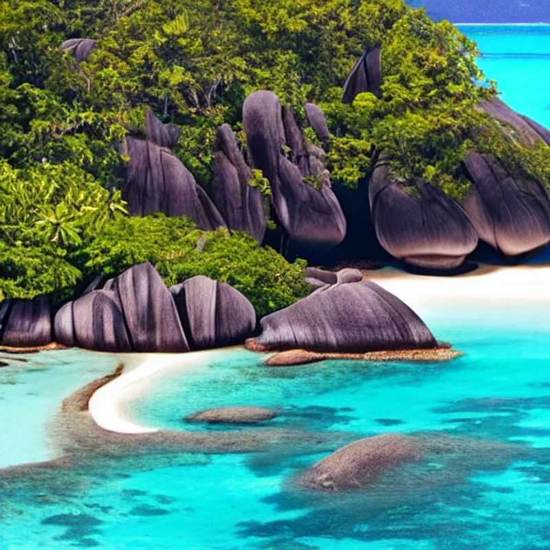 Casal desfrutando das águas azul-turquesa e da areia branca e imaculada das Seychelles, um paraíso tropical perfeito para umas férias de verão luxuosas e inesquecíveis.