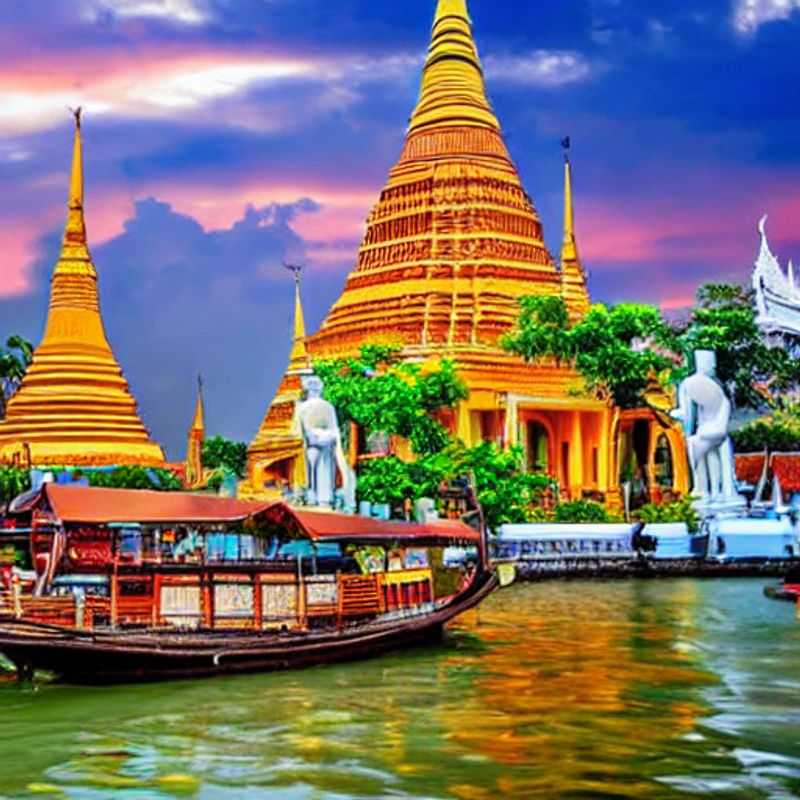 Bangkok, Thaïlande : L'opulence rencontre la tradition. Une vue somptueuse illustrant un potentiel séjour de luxe estival, alliant temples dorés et hôtels de prestige. (Bangkok, Thailand: Opulence meets tradition. A sumptuous view illustrating a potential luxury summer holiday, combining golden temples and prestigious hotels.)