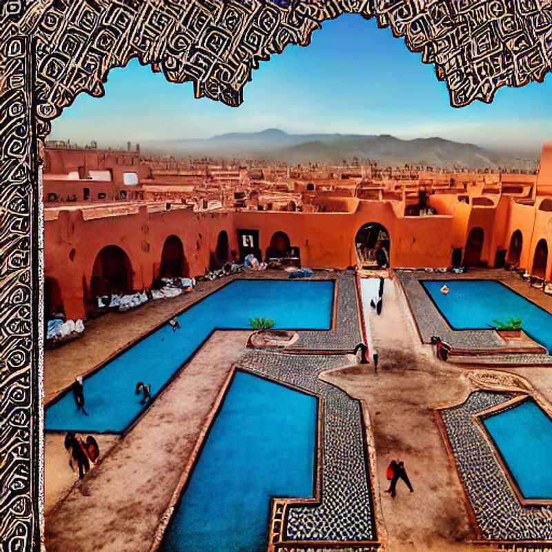 A luxurious oasis in Marrakech, Morocco, showcasing vibrant colors and intricate details, hinting at the unforgettable summer holiday experience that awaits.