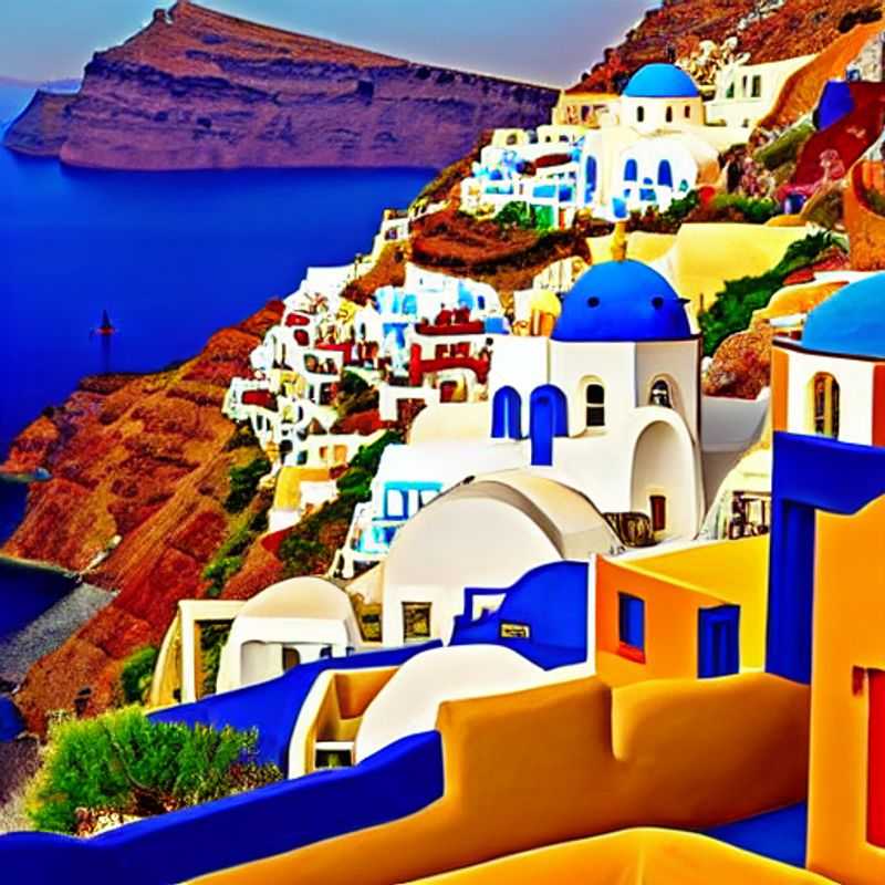 Vue imprenable sur la caldeira de Santorin, baignée de soleil estival, promesse d'un séjour de luxe inoubliable.