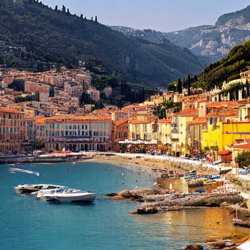 Quatre chaises longues élégantes sur une plage de sable doré à Nice, France, un paradis de vacances d'été luxueuses.