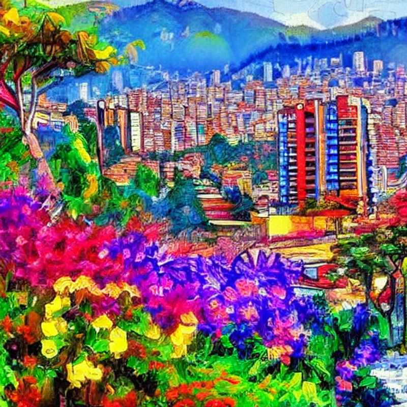 Sun-drenched Medellin: A vibrant panorama showcasing the city's modern architecture nestled amidst lush, emerald hills, hinting at the luxurious and unforgettable summer escape awaiting you.