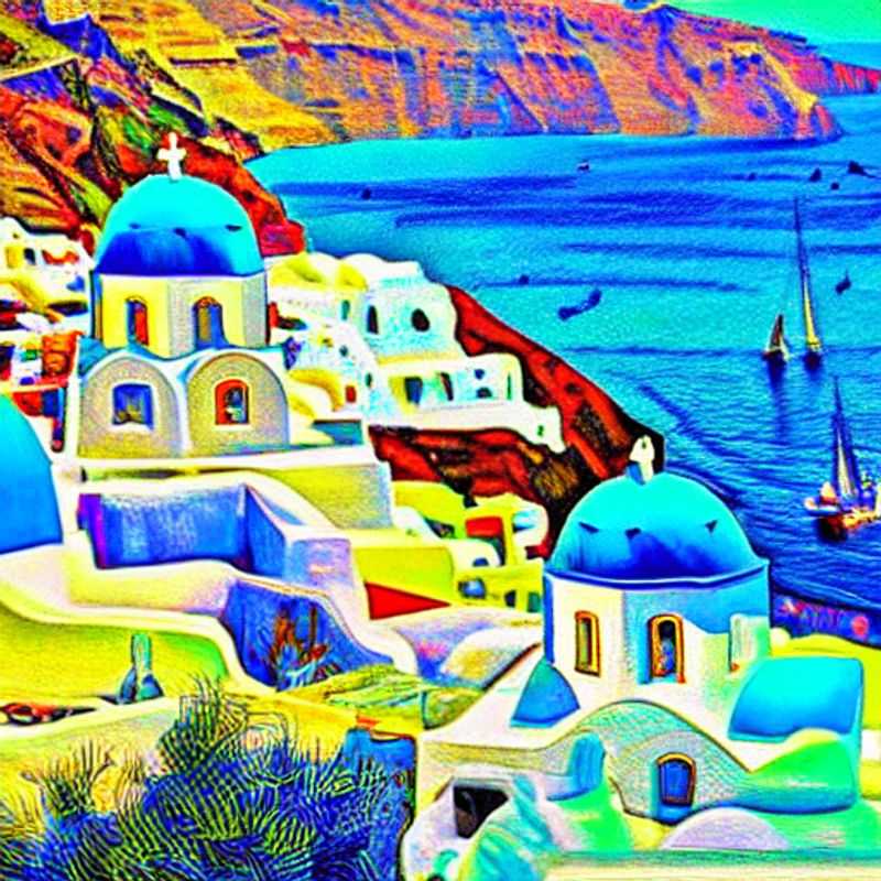 Soleil scintillant sur les dômes bleus iconiques de Santorin, un décor de rêve pour des vacances estivales luxueuses.