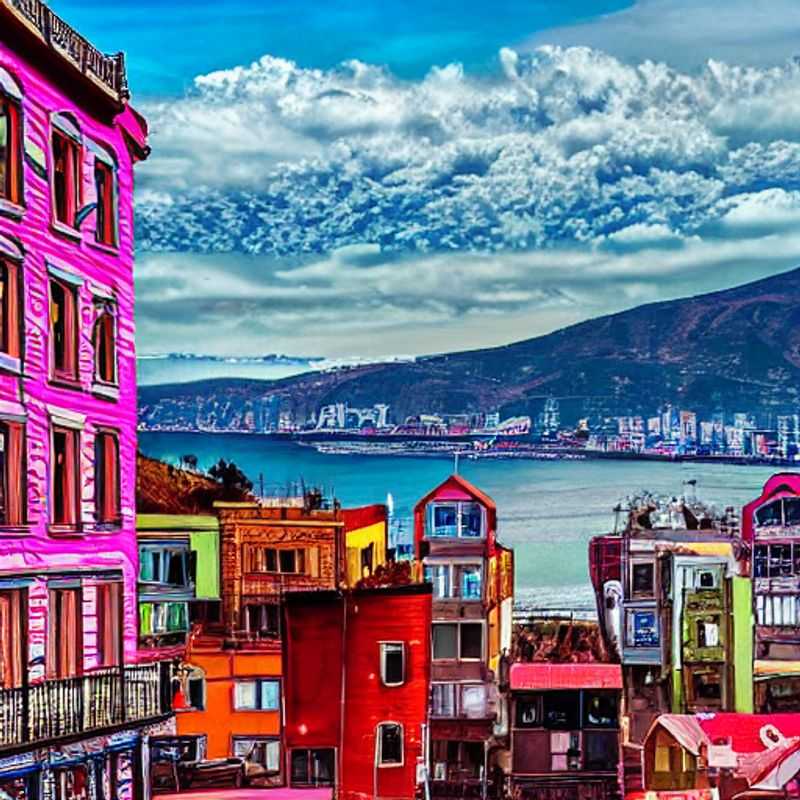 Vista colorida de Valparaíso, Chile, com suas casas vibrantes e atmosfera artística, capturada em um dia ensolarado de verão – explorando se este destino único é ideal para férias de luxo.
