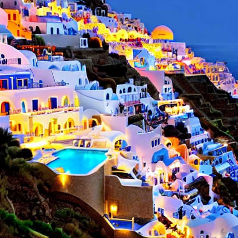 Vue imprenable sur la caldeira de Santorin, baignée de soleil estival, promesse d'un séjour de luxe inoubliable.